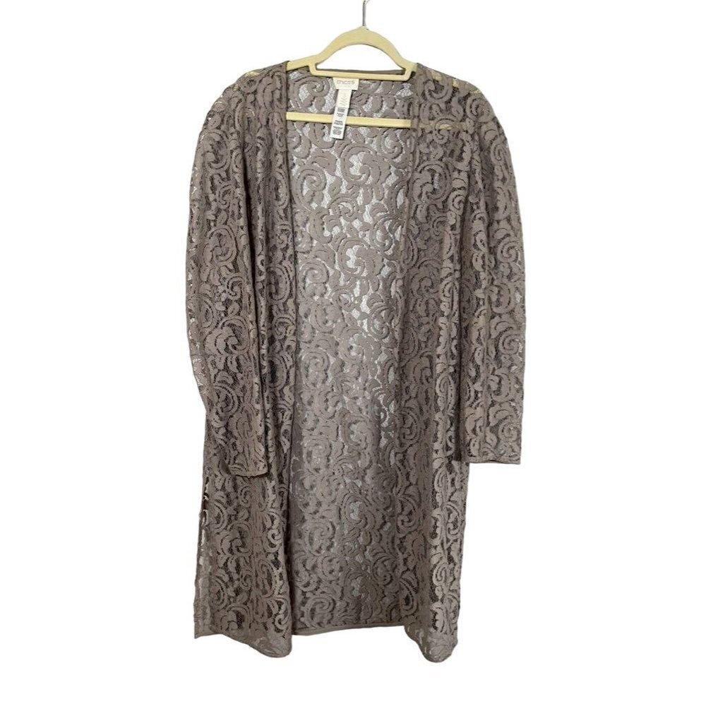 Chicos Floral Lace Cardigan XL Gray Sheer Chic Resort Preppy Old Money Neutral